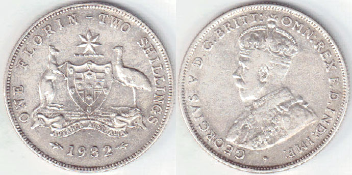 1932 Australia silver Florin KEYDATE (Fine/gF) A001217